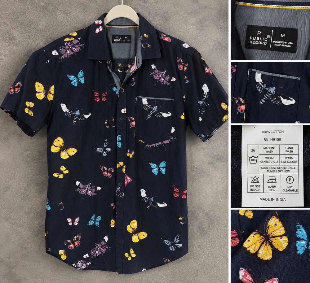 PUBLIC RECORD NAVY EXOTIC BUTTERFLY PRINT SHIRT usa medium